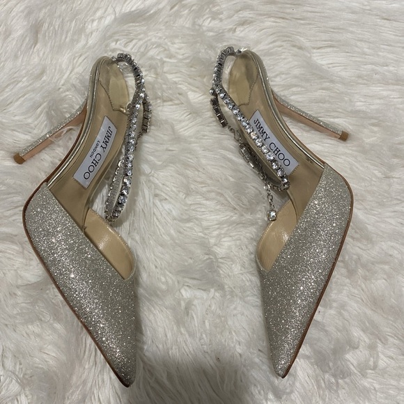 New Jimmy Choo Saeda 100 Platinum Ice‎ dusty glitter pumps size 38EU - Picture 14 of 15